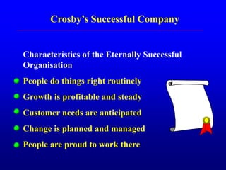Crosby’s Successful Company
Characteristics of the Eternally Successful
Organisation
People do things right routinely
Growth is profitable and steady
Customer needs are anticipated
Change is planned and managed
People are proud to work there
 