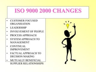 ISO 9000 2000 CHANGES
• CUSTOMER FOCUSED
ORGANISATION
• LEADERSHIP
• INVOLVEMENT OF PEOPLE
• PROCESS APPROACH
• SYSTEM APPROACH TO
MANAGEMENT
• CONTINUAL
IMPROVEMENT
• FACTUAL APPROACH TO
DECISION MAKING
• MUTUALLY BENEFICIAL
SUPPLIER RELATIONSHIPS
 