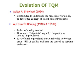 Evolution OF TQM
 Walter A. Shewhart (1924)
• Contributed to understand the process of variability
& developed concept of statistical control charts.
 W. Edwards Deming (1940s & 1950s)
• Father of quality control
• Developed “14 points” to guide companies in
quality improvement
• 15% of quality problems are actually due to worker
error 85% of quality problems are caused by systems
and errors.
 