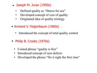  Joseph M. Juran (1950s)
• Defined quality as “fitness for use”
• Developed concept of cost of quality
• Originated idea of quality triology
 Armand V. Feigenbaum (1960s)
• Introduced the concept of total quality control
 Philip B. Crosby (1970s)
• Coined phrase “quality is free”
• Introduced concept of zero defects
• Developed the phrase “Do it right the first time”
 