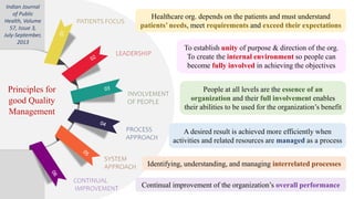 Principles for
good Quality
Management
PATIENTS FOCUS
LEADERSHIP
INVOLVEMENT
OF PEOPLE
PROCESS
APPROACH
SYSTEM
APPROACH
CONTINUAL
IMPROVEMENT
Healthcare org. depends on the patients and must understand
patients’ needs, meet requirements and exceed their expectations
To establish unity of purpose & direction of the org.
To create the internal environment so people can
become fully involved in achieving the objectives
People at all levels are the essence of an
organization and their full involvement enables
their abilities to be used for the organization’s benefit
A desired result is achieved more efficiently when
activities and related resources are managed as a process
Continual improvement of the organization’s overall performance
Identifying, understanding, and managing interrelated processes
Indian Journal
of Public
Health, Volume
57, Issue 3,
July-September,
2013
 
