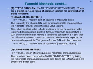 32
Taguchi Methods contd…
 [A] STATIC PROBLEM (BATCH PROCESS OPTIMIZATION) : There
are 3 Signal-to-Noise ratios of common interest for optimization of
Static Problems;
 (I) SMALLER-THE-BETTER :
n = -10 Log10 [ mean of sum of squares of measured data ]
 This is usually the chosen S/N ratio for all undesirable characteristics
like " defects " etc. for which the ideal value is zero.
 Also, when an ideal value is finite and its maximum or minimum value
is defined (like maximum purity is 100% or maximum Temperature is
92K or minimum time for making a telephone connection is 1 sec) then
the difference between measured data and ideal value is expected to
be as small as possible. The generic form of S/N ratio then becomes,
 n = -10 Log10 [ mean of sum of squares of {measured - ideal} ]
 (II) LARGER-THE-BETTER :
 n = -10 Log10 [mean of sum squares of reciprocal of measured data]
 This case has been converted to SMALLER-THE-BETTER by taking
the reciprocals of measured data and then taking the S/N ratio as in the
smaller-the-better case.
 
