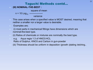 33
Taguchi Methods contd…
 (III) NOMINAL-THE-BEST :
square of mean
n = 10 Log10 -----------------
variance
 This case arises when a specified value is MOST desired, meaning that
neither a smaller nor a larger value is desirable.
 Examples are;
 (i) most parts in mechanical fittings have dimensions which are
nominal-the-best type.
 (ii) Ratios of chemicals or mixtures are nominally the best type.
 e.g. Aqua regia 1:3 of HNO3:HCL
Ratio of Sulphur, KNO3 and Carbon in gun-powder
 (iii) Thickness should be uniform in deposition /growth /plating /etching..
 