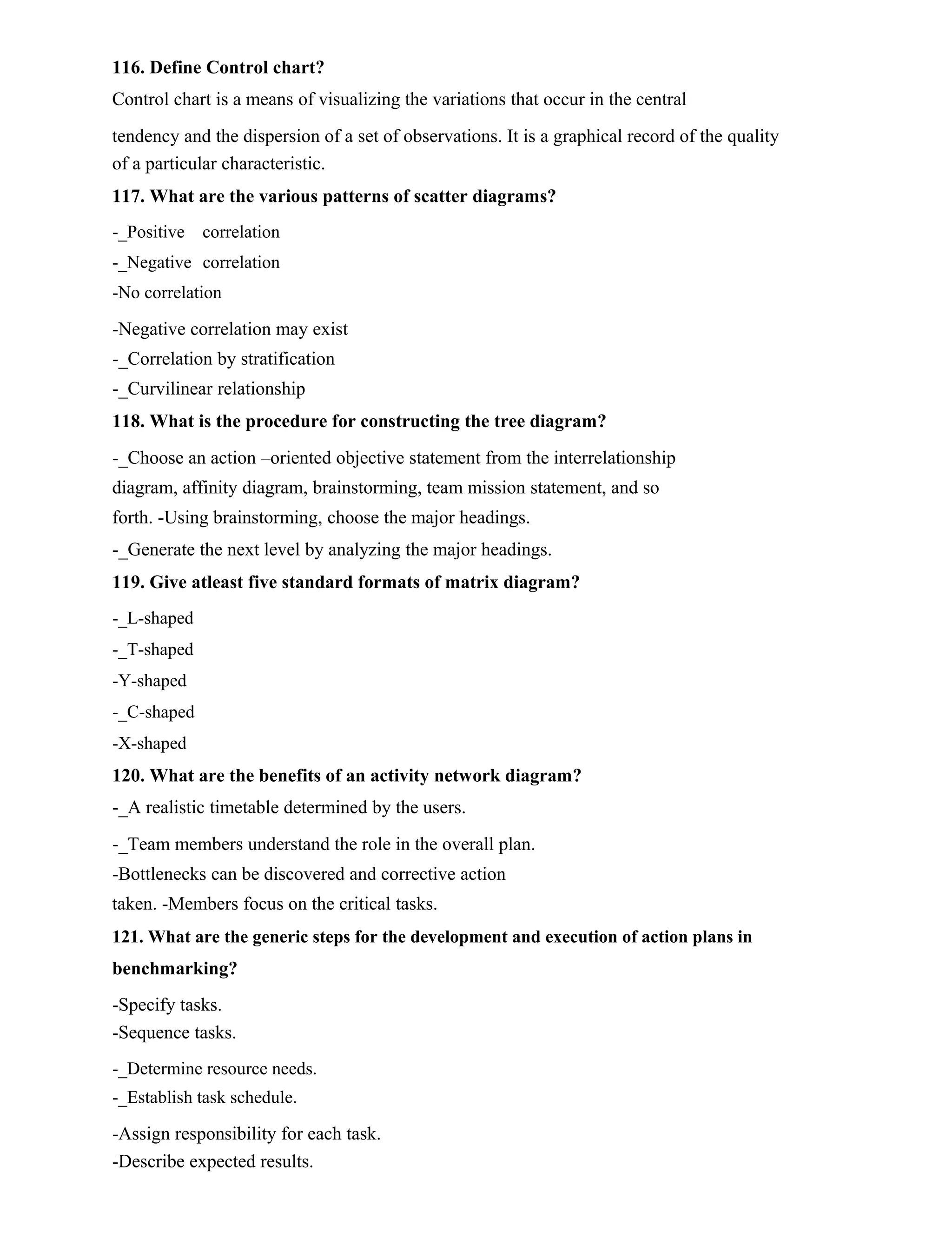 116. Define Control chart?
Control chart is a means of visualizing the variations that occur in the central
tendency and the dispersion of a set of observations. It is a graphical record of the quality
of a particular characteristic.
117. What are the various patterns of scatter diagrams?
-_Positive correlation
-_Negative correlation
-No correlation
-Negative correlation may exist
-_Correlation by stratification
-_Curvilinear relationship
118. What is the procedure for constructing the tree diagram?
-_Choose an action –oriented objective statement from the interrelationship
diagram, affinity diagram, brainstorming, team mission statement, and so
forth. -Using brainstorming, choose the major headings.
-_Generate the next level by analyzing the major headings.
119. Give atleast five standard formats of matrix diagram?
-_L-shaped
-_T-shaped
-Y-shaped
-_C-shaped
-X-shaped
120. What are the benefits of an activity network diagram?
-_A realistic timetable determined by the users.
-_Team members understand the role in the overall plan.
-Bottlenecks can be discovered and corrective action
taken. -Members focus on the critical tasks.
121. What are the generic steps for the development and execution of action plans in
benchmarking?
-Specify tasks.
-Sequence tasks.
-_Determine resource needs.
-_Establish task schedule.
-Assign responsibility for each task.
-Describe expected results.
 