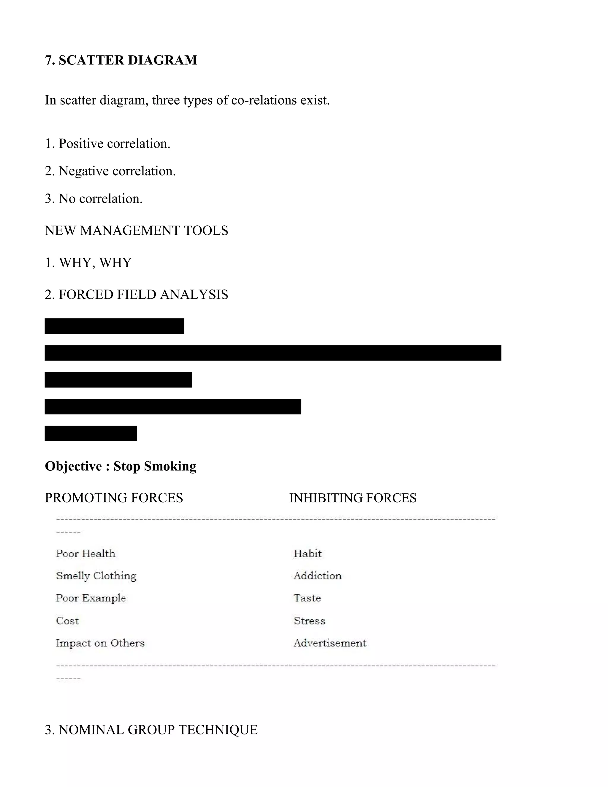 7. SCATTER DIAGRAM
In scatter diagram, three types of co-relations exist.
1. Positive correlation.
2. Negative correlation.
3. No correlation.
NEW MANAGEMENT TOOLS
1. WHY, WHY
2. FORCED FIELD ANALYSIS
Objective : Stop Smoking
PROMOTING FORCES INHIBITING FORCES
3. NOMINAL GROUP TECHNIQUE
 