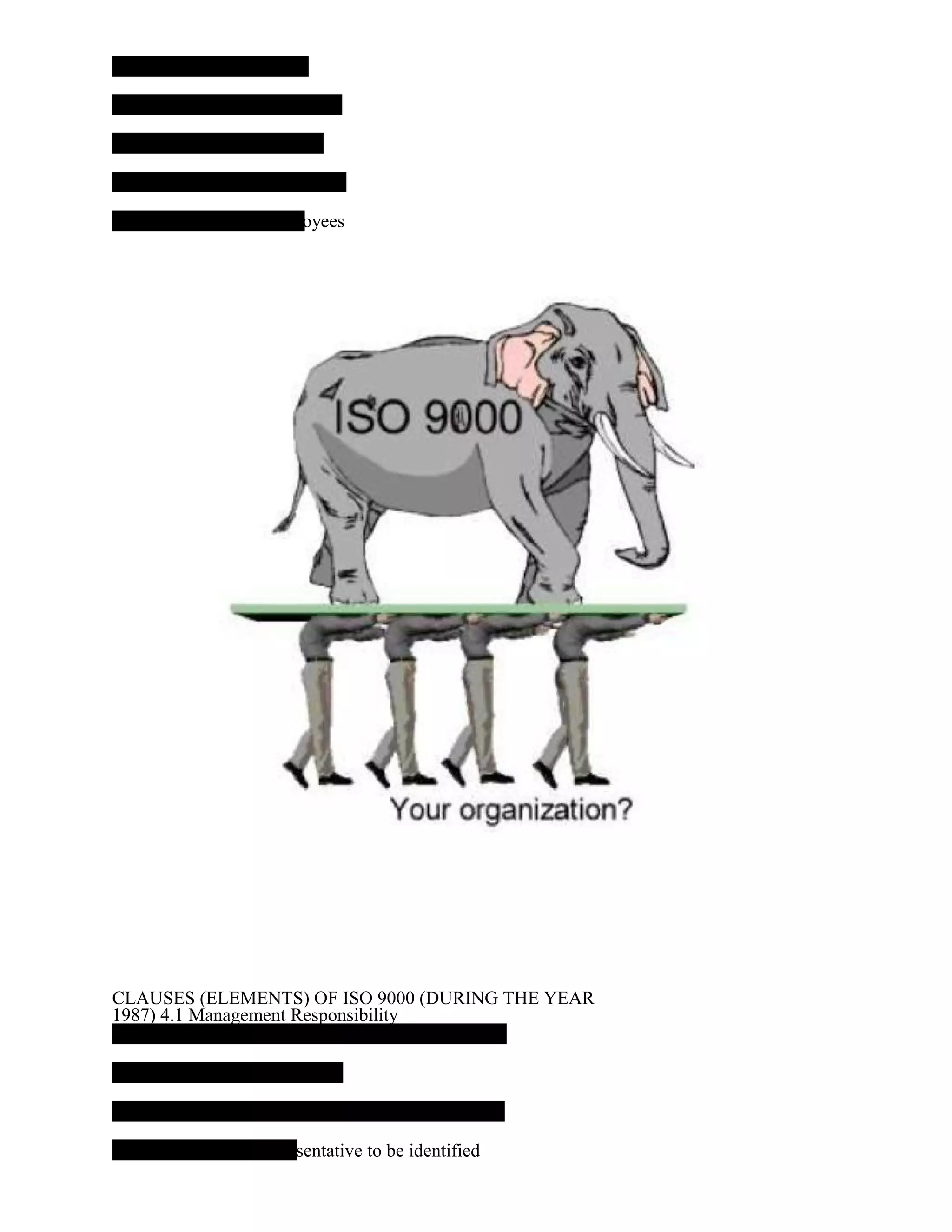 loyees
CLAUSES (ELEMENTS) OF ISO 9000 (DURING THE YEAR
1987) 4.1 Management Responsibility
esentative to be identified
 