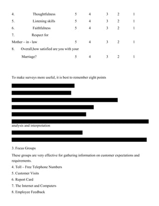 4. Thoughtfulness 5 4 3 2 1
5. Listening skills 5 4 3 2 1
6. Faithfulness 5 4 3 2 1
7. Respect for
Mother – in - law 5 4 3 2 1
8. Overall,how satisfied are you with your
Marriage? 5 4 3 2 1
To make surveys more useful, it is best to remember eight points
analysis and interpretation
3. Focus Groups
These groups are very effective for gathering information on customer expectations and
requirements.
4. Toll – Free Telephone Numbers
5. Customer Visits
6. Report Card
7. The Internet and Computers
8. Employee Feedback
 