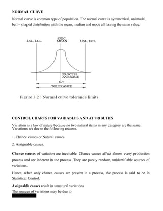 NORMAL CURVE
Normal curve is common type of population. The normal curve is symmetrical, unimodal,
bell – shaped distribution with the mean, median and mode all having the same value.
CONTROL CHARTS FOR VARIABLES AND ATTRIBUTES
Variation is a law of nature because no two natural items in any category are the same.
Variations are due to the following reasons.
1. Chance causes or Natural causes.
2. Assignable causes.
Chance causes of variation are inevitable. Chance causes affect almost every production
process and are inherent in the process. They are purely random, unidentifiable sources of
variations.
Hence, when only chance causes are present in a process, the process is said to be in
Statistical Control.
Assignable causes result in unnatural variations
The sources of variations may be due to
 