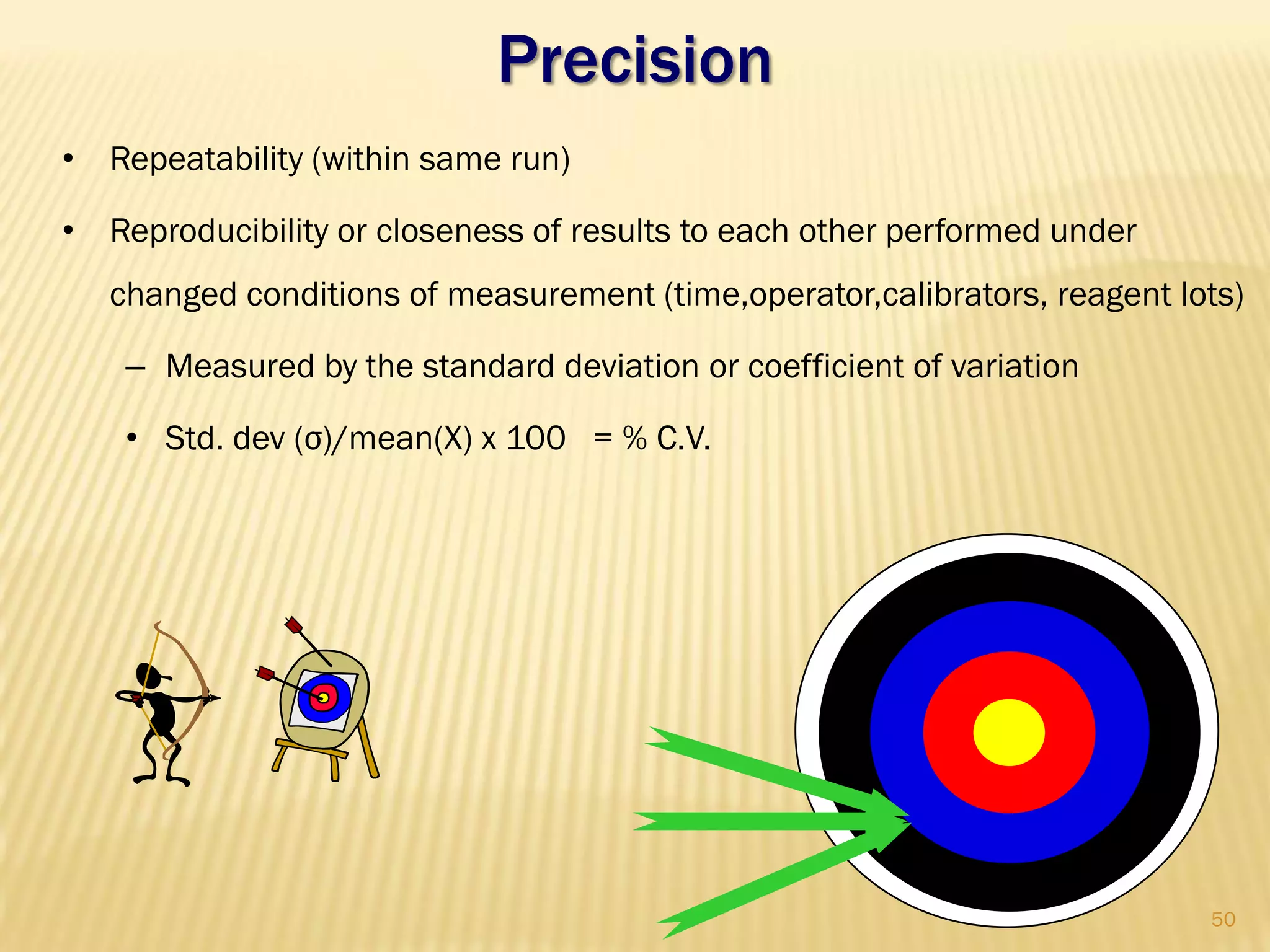 Precision
• Repeatability (within same run)
• Reproducibility or closeness of results to each other performed under
changed conditions of measurement (time,operator,calibrators, reagent lots)
– Measured by the standard deviation or coefficient of variation
• Std. dev (σ)/mean(X) x 100 = % C.V.
50
 