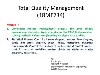 Total Quality Management
(18ME734)
Module - 4
1. Continuous Process Improvement: process, the Juran trilogy,
improvement strategies, types of problems, the PDSA Cycle, problem-
solving methods, Kaizen, reengineering, six sigma, case studies.
2. Statistical Process Control : Pareto diagram, process flow diagram,
cause and effect diagram, check sheets, histograms, statistical
fundamentals, Control charts, state of control, out of control process,
control charts for variables, control charts for attributes, scatter
diagrams, case studies
By:
D N Roopa
Assistant Professor
Department of Mechanical Engineering
JSSATE, Bangalore
 