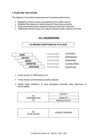 R PREM KUMAR AP / MECH – KIT, CBE
7. PLAN FOR THE FUTURE
The objective is to achieve improved level of process performance.
 Regularly conduct reviews of progress by the quality council.
 Establish the systems to identify area for future improvements.
 Track performance with respective internal & external customers.
 TQM tools and techniques are used to improve quality, delivery and cost.
5-S : HOUSEKEEPING
CLEARING
ARRANGING
SWEEPING
CLEANLINESS
DISCIPLINE
 There can be no TQM without 5-S.
 A dirty factory cannot produce quality products.
 Clutter hides problems. A neat workplace promotes easy discovery of
abnormalities.
SEIRI
SEITON
SEIKETSU
SEISO
SHITSUKE
5-S
CONTRIBUTES
TO
SAFETY
QUALITY
PRODUCTIVITY
5-S
FACILITATES
VISUAL CONTROL
5-S MEANS EVERYTHING IN ITS PLACE
 