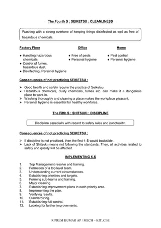 R PREM KUMAR AP / MECH – KIT, CBE
The Fourth S : SEIKETSU : CLEANLINESS
Factory Floor Office Home
 Handling hazardous  Free of pests  Pest control
chemicals  Personal hygiene  Personal hygiene
 Control of fumes,
hazardous dust.
 Disinfecting, Personal hygiene
Consequences of not practicing SEIKETSU :
 Good health and safety require the practice of Seiketsu.
 Hazardous chemicals, dusty chemicals, fumes etc. can make it a dangerous
place to work in.
 Washing thoroughly and cleaning a place makes the workplace pleasant.
 Personal hygiene is essential for healthy workforce.
The Fifth S : SHITSUKI : DISCIPLINE
Consequences of not practicing SEIKETSU :
 If discipline is not practiced, then the first 4-S would backslide.
 Lack of Shitsuki means not following the standards. Then, all activities related to
safety and quality will be affected.
IMPLEMENTING 5-S
1. Top Management resolve and training.
2. Formation of a top level team.
3. Understanding current circumstances.
4. Establishing priorities and targets.
5. Forming sub-teams and training.
6. Major cleaning.
7. Establishing improvement plans in each priority area.
8. Implementing the plan.
9. Verifying results.
10. Standardizing.
11. Establishing full control.
12. Looking for further improvements.
Washing with a strong overtone of keeping things disinfected as well as free of
hazardous chemicals.
Discipline especially with regard to safety rules and punctuality.
 