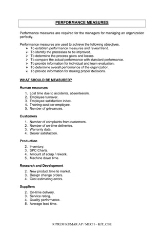 R PREM KUMAR AP / MECH – KIT, CBE
PERFORMANCE MEASURES
Performance measures are required for the managers for managing an organization
perfectly.
Performance measures are used to achieve the following objectives.
 To establish performance measures and reveal trend.
 To identify the processes to be improved.
 To determine the process gains and losses.
 To compare the actual performance with standard performance.
 To provide information for individual and team evaluation.
 To determine overall performance of the organization.
 To provide information for making proper decisions.
WHAT SHOULD BE MEASURED?
Human resources
1. Lost time due to accidents, absenteeism.
2. Employee turnover.
3. Employee satisfaction index.
4. Training cost per employee.
5. Number of grievances.
Customers
1. Number of complaints from customers.
2. Number of on-time deliveries.
3. Warranty data.
4. Dealer satisfaction.
Production
2. Inventory.
3. SPC Charts.
4. Amount of scrap / rework.
5. Machine down time.
Research and Development
2. New product time to market.
3. Design change orders.
4. Cost estimating errors.
Suppliers
2. On-time delivery.
3. Service rating.
4. Quality performance.
5. Average lead time.
 