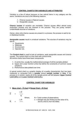 R PREM KUMAR AP / MECH – KIT, CBE
CONTROL CHARTS FOR VARIABLES AND ATTRIBUTES
Variation is a law of nature because no two natural items in any category are the
same. Variations are due to the following reasons.
1. Chance causes or Natural causes.
2. Assignable causes.
Chance causes of variation are inevitable. Chance causes affect almost every
production process and are inherent in the process. They are purely random,
unidentifiable sources of variations.
Hence, when only chance causes are present in a process, the process is said to be
in Statistical Control.
Assignable causes result in unnatural variations. The sources of variations may be
due to
 Equipments
 Materials
 Environment
 Operator etc.
The Control chart is used to look at variations, seek assignable causes and chance
causes. The control chart is a line chart with control limits.
All control charts have three basic components.
1. A centre line, usually the mathematical average of all the samples plotted.
2. Upper and Lower Control Limits that define the constraints of common cause
variations.
3. Performance data plotted over time.
A typical control chart is a graphic display of a quality characteristic that has been
measured or computed from a sample versus sample number or time. If the
process is in control, nearly all of the sample points will fall between Upper Control
Limit (UCL) and Lower Control Limit (LCL).
CONTROL CHART FOR VARIABLES
1. Mean chart – X chart & Range Chart – R Chart
 X
X = ------
N
Where, N = Total number of observations.
 R n = Sample size (for finding out the value of A2
R = ------ and D4 and D3 from the table)
 
