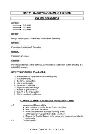 R PREM KUMAR AP / MECH – KIT, CBE
UNIT V – QUALITY MANAGEMENT SYSTEMS
ISO 9000 STANDARDS
ISO 9000
ISO 9001
ISO 9002
ISO 9003
ISO 9001
Design, Development, Production, Installation & Servicing
ISO 9002
Production, Installation & Servicing
ISO 9003
Inspection & Testing
ISO 9004
Provides guidelines on the technical, administrative and human factors affecting the
product or services.
BENEFITS OF ISO 9000 STANDARDS :
 Achievement of international standard of quality.
 Value for money.
 Customer satisfaction.
 Higher productivity.
 Increased profitability
 Improved corporate image
 Access to global market
 Growth of the organization
 Higher morale of employees
CLAUSES (ELEMENTS) OF ISO 9000 (During the year 1987)
4.1 Management Responsibility
 Adequate resources for the verification activities
 Need for trained personnel
 Work and verification activities including audits
 A Management Representative to be identified
 Review the Quality System performance and customer complaints
periodically
4.2 Quality System
 