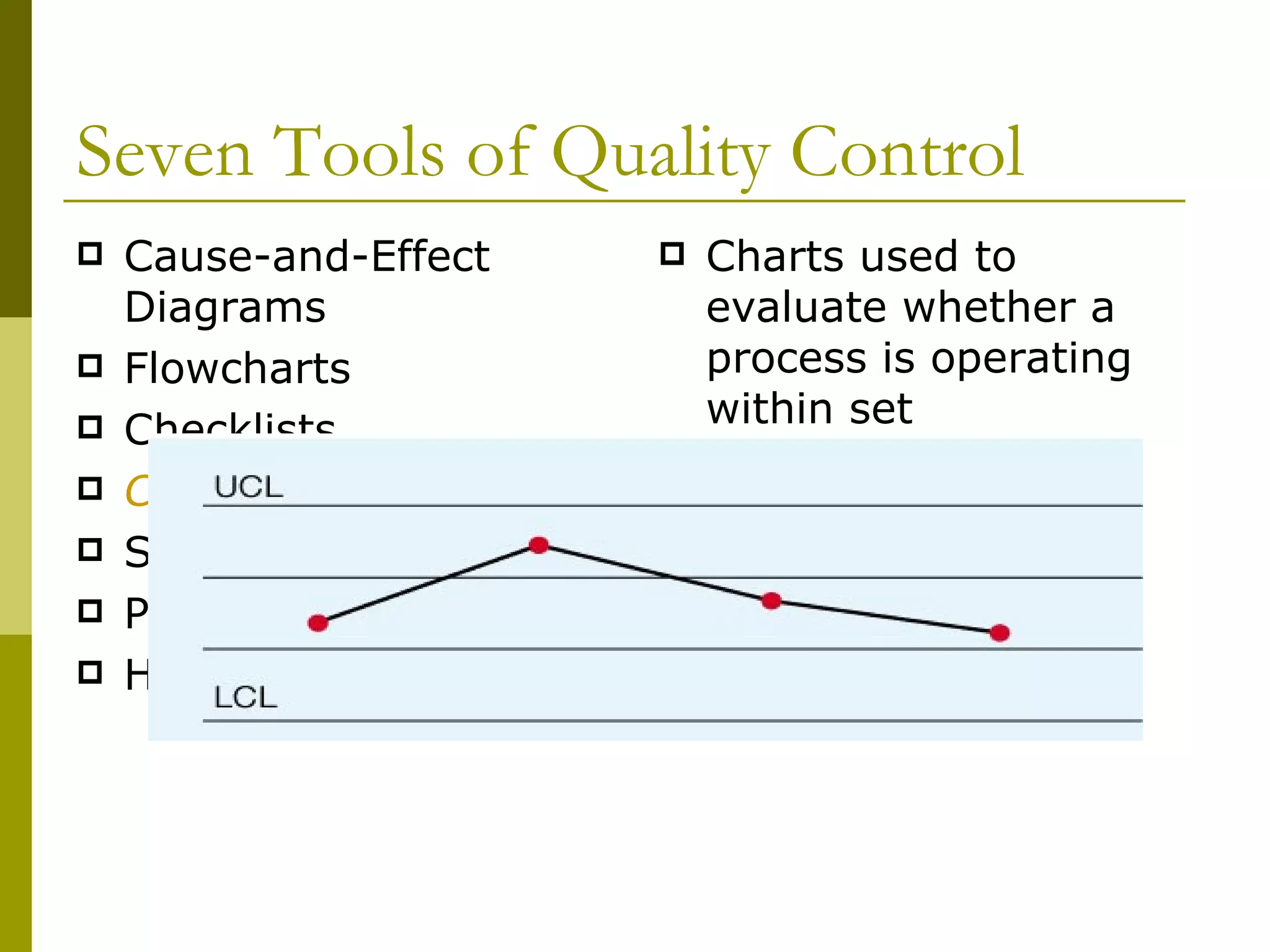 Seven Tools of Quality Control Cause-and-Effect Diagrams Flowcharts Checklists Control Charts Scatter Diagrams Pareto Analysis Histograms Charts used to evaluate whether a process is operating within set expectations. 