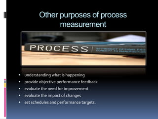 Other purposes of process
measurement

 understanding what is happening
 provide objective performance feedback
 evaluate the need for improvement

 evaluate the impact of changes
 set schedules and performance targets.

 