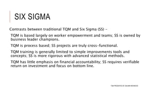 SIX SIGMA
Contrasts between traditional TQM and Six Sigma (SS) -
TQM is based largely on worker empowerment and teams; SS is owned by
business leader champions.
TQM is process based; SS projects are truly cross-functional.
TQM training is generally limited to simple improvements tools and
concepts; SS is more rigorous with advanced statistical methods.
TQM has little emphasis on financial accountability; SS requires verifiable
return on investment and focus on bottom line.
112TQM PRESENTED BY SALMAN MEHMOOD
 