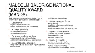 MALCOLM BALDRIGE NATIONAL
QUALITY AWARD
(MBNQA)
The award criteria are built upon a set of
interrelated core values and concepts:
1. Leadership:
 organizational leadership;
 public responsibility and citizenship.
2. Strategic planning;
 strategy development;
 strategy deployment.
3. Customer and market focus
 customer and market knowledge;
 customer relationships and satisfaction.
4. Information and analysis:
 measurement and analysis of organizational
performance
 information management.
5. Human resource focus
 work systems;
 employee education training and
development;
 employee well-being and satisfaction.
6. Process management:
 product and service processes;
 business processes;
 support processes.
7. Business results:
 customer-focused results;
 financial and market results;
 human resource results;
 organizational effectiveness results.
TQM PRESENTED BY SALMAN MEHMOOD 24
 
