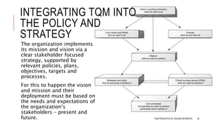 INTEGRATING TQM INTO
THE POLICY AND
STRATEGY
The organization implements
its mission and vision via a
clear stakeholder focused
strategy, supported by
relevant policies, plans,
objectives, targets and
processes.
For this to happen the vision
and mission and their
deployment must be based on
the needs and expectations of
the organization’s
stakeholders – present and
future. TQM PRESENTED BY SALMAN MEHMOOD 48
 