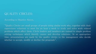 QUALITY CIRCLES: 
According to Maurice Alston, 
"Quality Circles are small groups of people doing similar work who, together with their 
supervisors volunteer to meet for an hour a week to study and solve work related 
problems which affect them. Circle leaders and members are trained in simple problem 
solving techniques which identify causes and develop solutions. At an appropriate 
time, presentations are made by the quality circles to the management who decide 
whether to accept, modify or decline the proposals". 
 