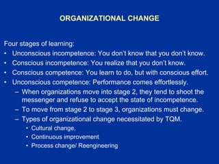 ORGANIZATIONAL CHANGE
Four stages of learning:
• Unconscious incompetence: You don’t know that you don’t know.
• Conscious incompetence: You realize that you don’t know.
• Conscious competence: You learn to do, but with conscious effort.
• Unconscious competence: Performance comes effortlessly.
– When organizations move into stage 2, they tend to shoot the
messenger and refuse to accept the state of incompetence.
– To move from stage 2 to stage 3, organizations must change.
– Types of organizational change necessitated by TQM.
• Cultural change,
• Continuous improvement
• Process change/ Reengineering
 