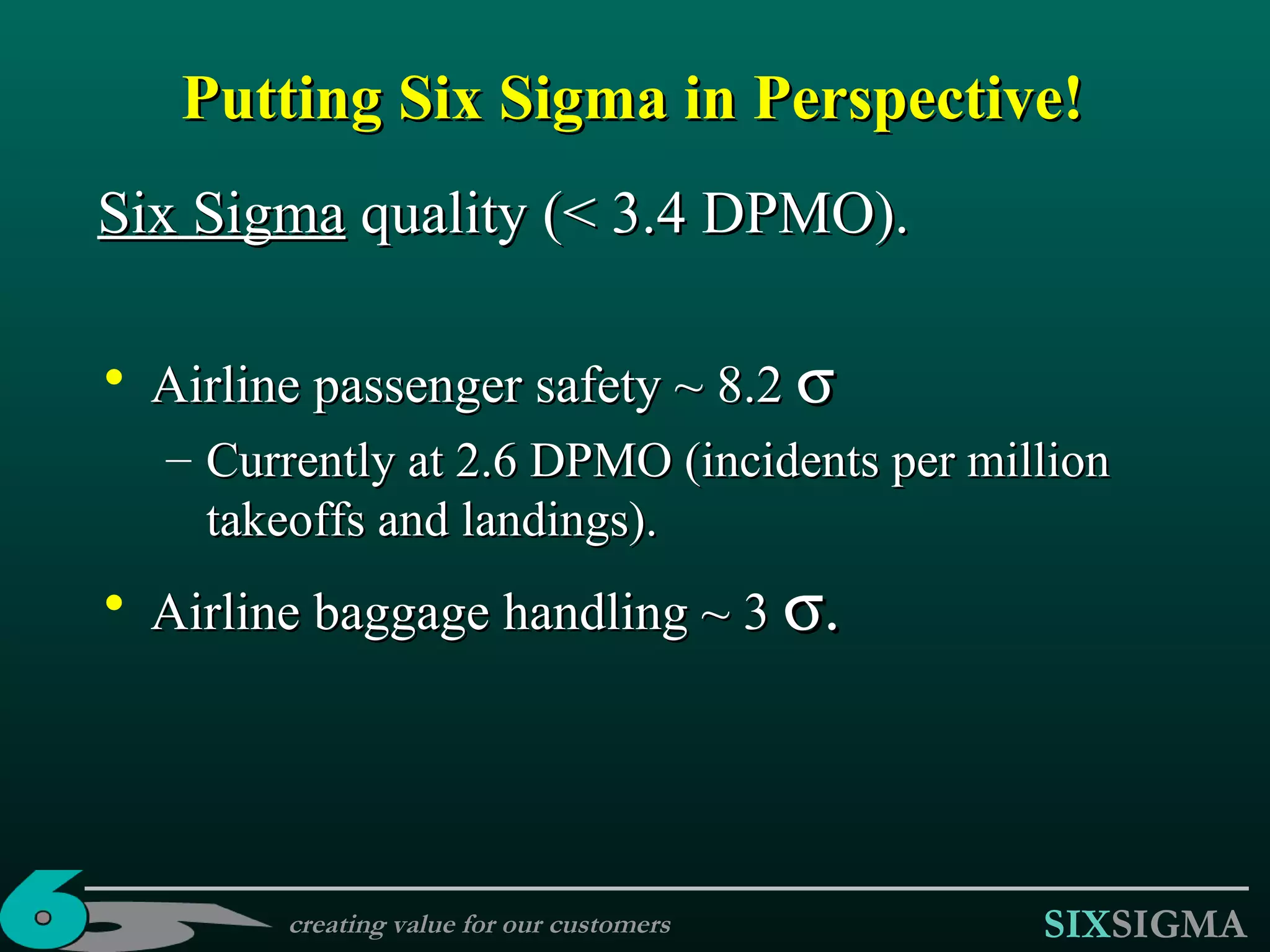 Putting Six Sigma in Perspective! Airline passenger safety ~ 8.2   Currently at 2.6 DPMO (incidents per million takeoffs and landings). Airline baggage handling ~ 3   Six  Sigma  quality ( < 3.4 DPMO). creating value for our customers 