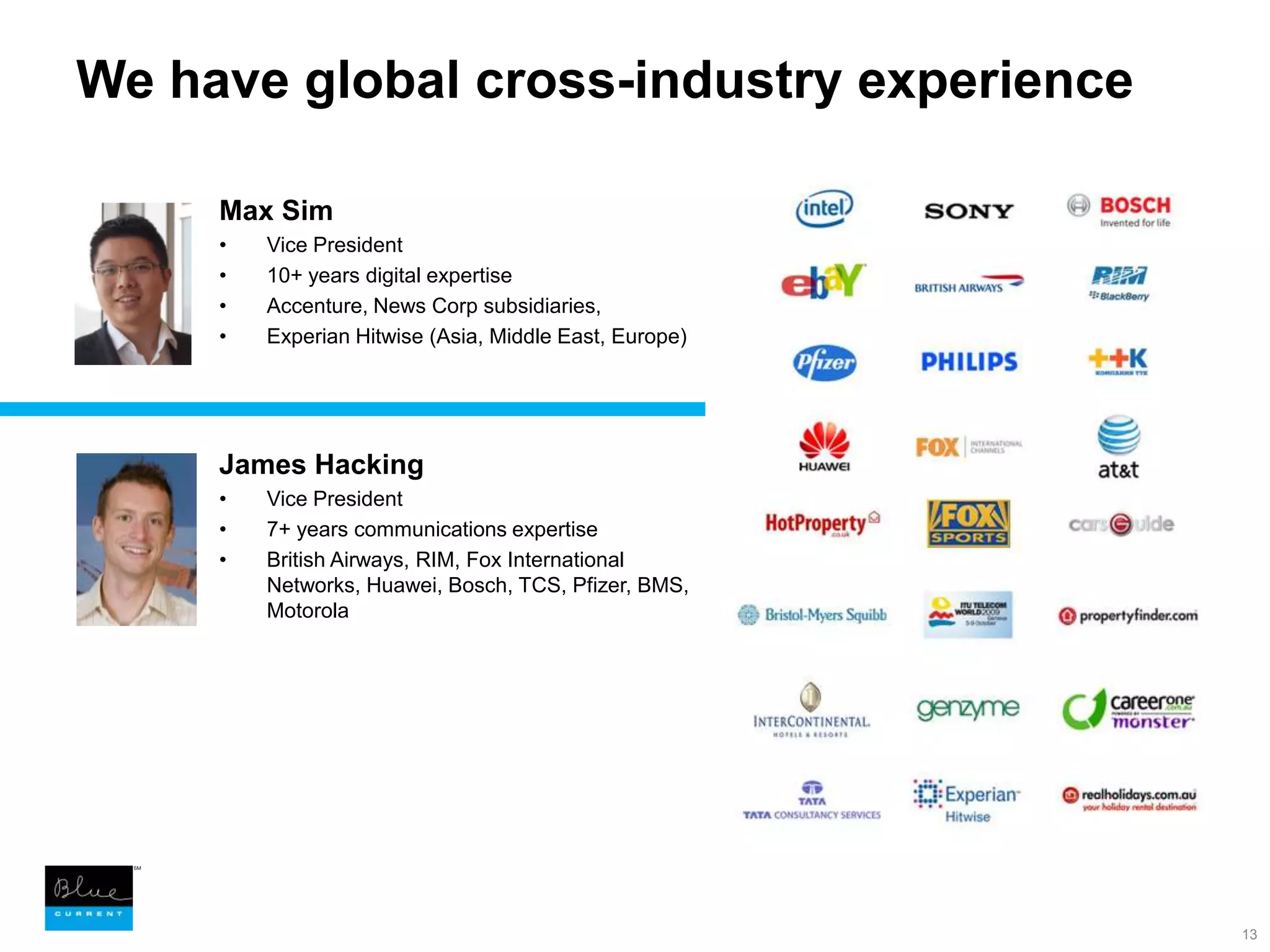We have global cross-industry experienceMax SimVice President10+ years digital expertiseAccenture, News Corp subsidiaries, Experian Hitwise (Asia, Middle East, Europe)James HackingVice President7+ years communications expertiseBritish Airways, RIM, Fox International Networks, Huawei, Bosch, TCS, Pfizer, BMS, Motorola13