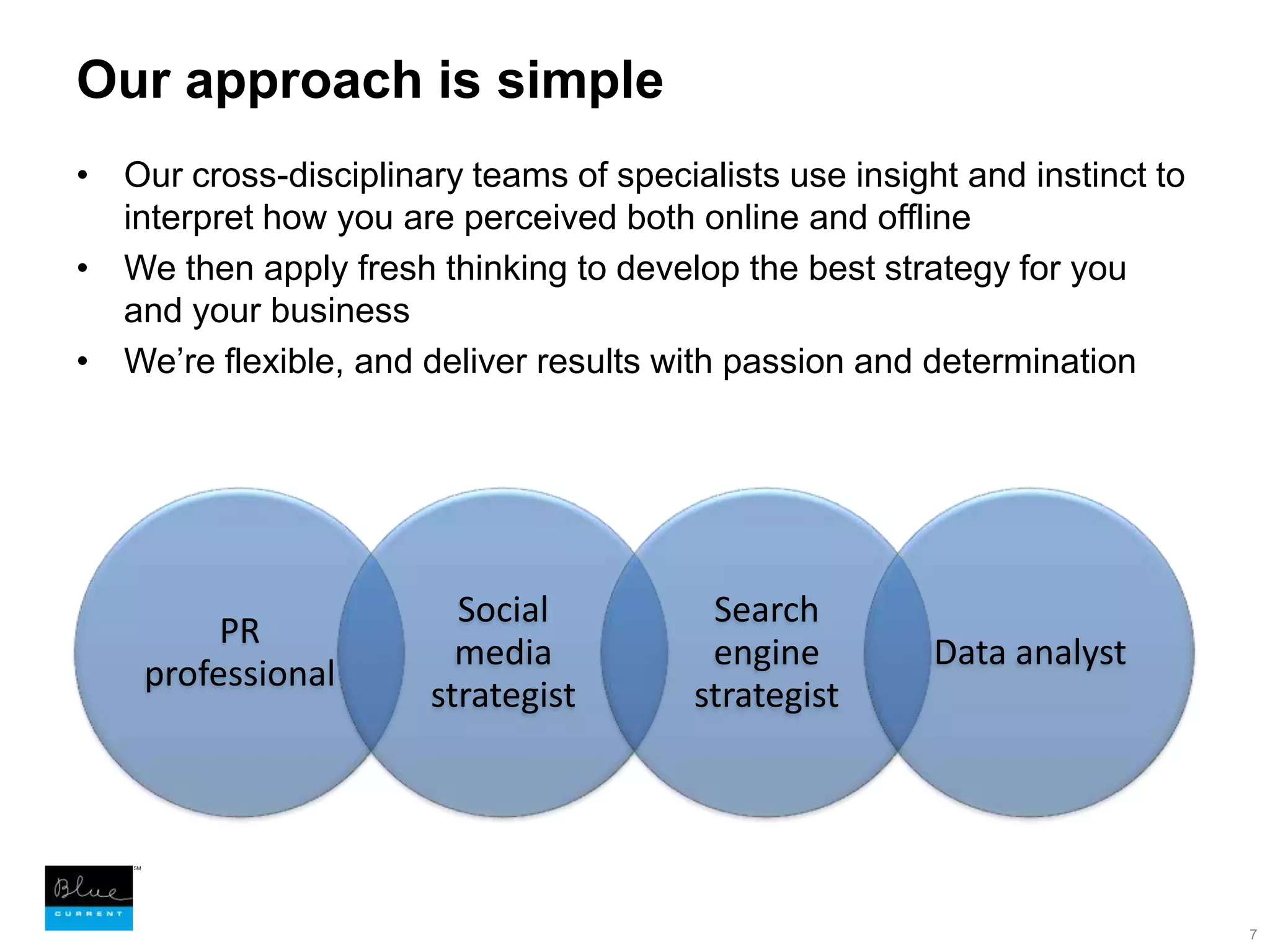 Our approach is simpleOur cross-disciplinary teams of specialists use insight and instinct to interpret how you are perceived both online and offline We then apply fresh thinking to develop the best strategy for you and your businessWe’re flexible, and deliver results with passion and determination7