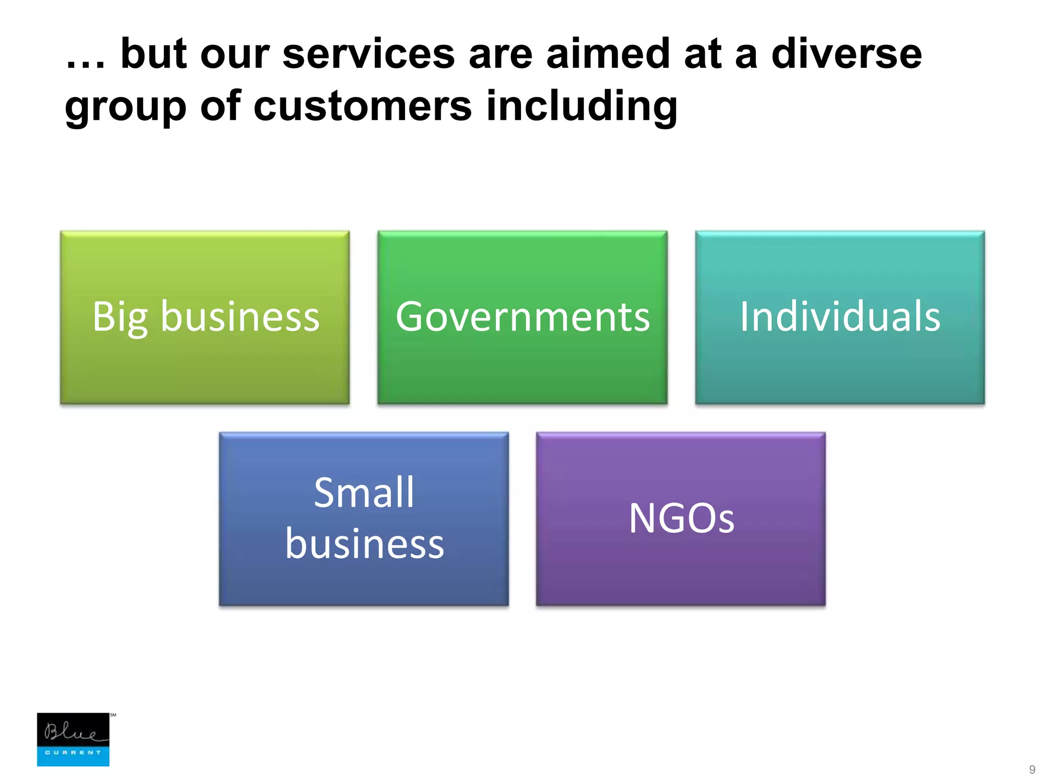 9… but our services are aimed at a diverse group of customers including