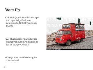 Start Up
11
•Total Support to all start ups
and specially that are
relevant to Retail Brands &
Stores!
•All shareholders and future
entrepreneurs are invited to
let us support them!
•Every idea is welcoming for
discussion!
 