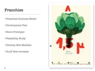 Franchise
42
•Franchise Business Model
•Development Plan
•Store Prototype
•Feasibility Study
•Develop New Markets
•Build New concepts
 