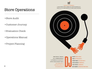 Store Operations
•Store Audit
•Customer Journey
•Evaluation Check
•Operations Manual
•Project Planning
45
 