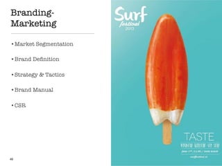 Branding-
Marketing
•Market Segmentation
•Brand Deﬁnition
•Strategy & Tactics
•Brand Manual
•CSR
46
 