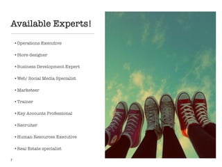 Available Experts!
•Operations Executive
•Store designer
•Business Development Expert
•Web/ Social Media Specialist
•Marketeer
•Trainer
•Key Accounts Professional
•Recruiter
•Human Resources Executive
•Real Estate specialist
7
 