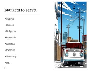 Markets to serve.
•Cyprus
•Greece
•Bulgaria
•Romania
•Albania
•FYROM
•Germany
•UK
9
 