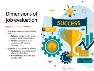 Dimensions of
job evaluation
• Relative or measured to an absolute
scale
• Relative: compares jobs to one
another within the company
• Absolute: compares to an
„independent”, external
measure
• Analytical or non-analytical (global)
• Analytical: measures factors or
elements of the jobs
• Non-analytical: measures the
job as a whole
 