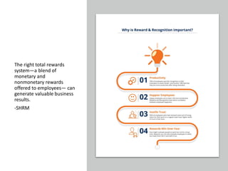 The right total rewards
system—a blend of
monetary and
nonmonetary rewards
offered to employees— can
generate valuable business
results.
-SHRM
 