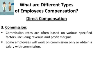 What are Different Types
of Employees Compensation?
Direct Compensation
3. Commission:
 Commission rates are often based on various specified
factors, including revenue and profit margins.
 Some employees will work on commission only or obtain a
salary with commission.
 