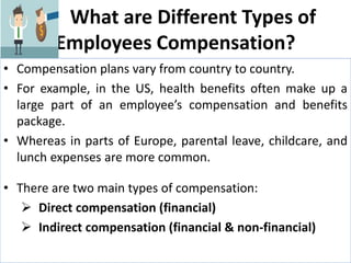 What are Different Types of
Employees Compensation?
• Compensation plans vary from country to country.
• For example, in the US, health benefits often make up a
large part of an employee’s compensation and benefits
package.
• Whereas in parts of Europe, parental leave, childcare, and
lunch expenses are more common.
• There are two main types of compensation:
 Direct compensation (financial)
 Indirect compensation (financial & non-financial)
 