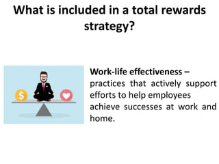 What is included in a total rewards
strategy?
Work-life effectiveness –
practices that actively support
efforts to help employees
achieve successes at work and
home.
 