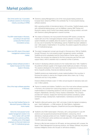 Market position
Charisma Leasing Management is one of the most popular leasing solutions at
European level, ranked by KPMG in the worldwide Top 10 most powerful leasing
software solutions.
With a growing portfolio of international clients in 28 countries, TotalSoft already works
with multinational leasing groups, such as Raiffeisen Leasing, BNP Paribas and
Deutsche Leasing, some of which have already selected, as group solution, and work
with Charisma Leasing Management in several countries.
One of the world's top 10 providers
of software solutions for the leasing
industry, according to KPMG
Owns the most popular human
capital management solution in its
home market, with over 600
companies in its customer portfolio,
including some of the largest
employers on the local market and
over 70 multinational groups.
TotalSoft is the HCM market leader in Romania
solutions such as payroll and personnel administration, outsourcing, time &
attendance, employee portals and more. TotalSoft manages, through Charisma HCM,
over 10% of Romania's active workforce and calculates 40% of the approximately
130,000 outsourced wages.
Striving to offer the best solutions for HR needs, we have partnered with Lumesse, the
leader in Talent Management & eLearning solutions, and Tableau Software, the premier
business intelligence vendor who focuses on self-service analytics.
, with a strong footprint in core HR
Involved in developing software solutions for the medical field since 1994, TotalSoft is
the preferred software supplier of the largest private healthcare providers in Romania.
The solutions developed for this market fully meet the requirements of medical units in
terms of specific activities, financial and statistical reporting.
TotalSoft solutions are implemented in private medical facilities in five countries; in
Romania the solution is used by the 3 largest private clinics chains, top 10 drug
distributors and top 5 drug retailers.
Charisma Medical Software covers 12 million annual requests for laboratory tests and
over 3 million patients.
Leading medical software provider in
Eastern Europe and the market
leader in Romania.
The only Gold Certified Partner for
Microsoft Dynamics CRM in the
home market.
TotalSoft is Microsoft partner since 1997, and today it holds the highest competency
level - Gold Certification - in CRM solutions, BI, Data Platform, Application
Development, Application Integration, SharePoint and Document Management.
Owns over 90% share of the project
management solutions home
market.
The project management concept was brought to Romania since 1994 by TotalSoft,
through Primavera, the most powerful project management solution worldwide.
TotalSoft and all its subsidiaries hold the Oracle Platinum Partner status, while in
Romania, the company has obtained for the third consecutive year the First Level
support status, which is awarded only to a selected number of partners.
One of the major software exporters
in Romania.
Thanks to creativity and initiative, TotalSoft is one of the most active software exporters
in Romania, who evolved from outsourcing projects to complex services and
implementations of outstanding solutions in over 20 countries, including US, United
Kingdom, Netherlands, Germany, France, Austria or Switzerland. The company
provides full IT services, ranging from technical and business consultancy, system
architecture design, development, implementation, maintenance and technical
support.
4 5
The ERP market leader in Romania,
according to the last three
consecutive Pierre Audoin
Consultants surveys.
The creator of Charisma, the most powerful Romanian ERP solution, provides the
market with one of the 5 strongest entreprise vertical softwares' in Europe. The
system’s flexibility and scalability allow the solution to adapt to companies of any size
at a low cost of ownership.The methodology used by TotalSoft has been validated in
over 1,000 projects. Implemented in 18 countries, the solution supports the activity of
over 70 multinational groups.
 