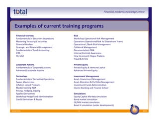 Financial markets knowledge centre




  Examples of current training programs
    Financial Markets                       Risk
    Fundamentals of Securities Operations   Workshop Operational Risk Management
    Mastering Treasury & Securities         Operations Operational Risk for Operations Teams
    Financial Markets                       Operational- /Bank Risk Management
    Strategic- and Financial Management     Collateral Management
    Fundamentals of Fund Accounting         Documentation ISDA
    IFRS                                    Internal Controls Awareness
    FX, MM                                  How to prevent: Rogue Traders,
                                            Fraud & Errors

    Corporate Actions                       Private Equity
    Fundamentals of Corporate Actions       Private Equity & Venture Capital
    Advanced Corporate Actions              Advanced Private Equity

    Derivatives                             Investment Management
    Fundamentals of Derivative Operations   Asset-/Investment Management
    Swaps Masterclass                       Asset Allocation & Portfolio Management
    Inflation Linked Products               Investment Funds Administration
    Master training ISDA                    Islamic Banking and Finance School
    Pricing, Hedging, Trading
    Applied Derivatives                     Simulations
    Workshop Hedge fund Administration      Equity Capital Markets simulation
    Credit Derivatives & Repos              Bond market simulation
                                            FX/MM market simulation
                                            Basel III simulation (under development)

www.ts.eu                                       11                                                        2012
 