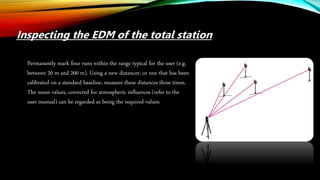Inspecting the EDM of the total station
Permanently mark four runs within the range typical for the user (e.g.
between 20 m and 200 m). Using a new distancer, or one that has been
calibrated on a standard baseline, measure these distances three times.
The mean values, corrected for atmospheric influences (refer to the
user manual) can be regarded as being the required values.
 