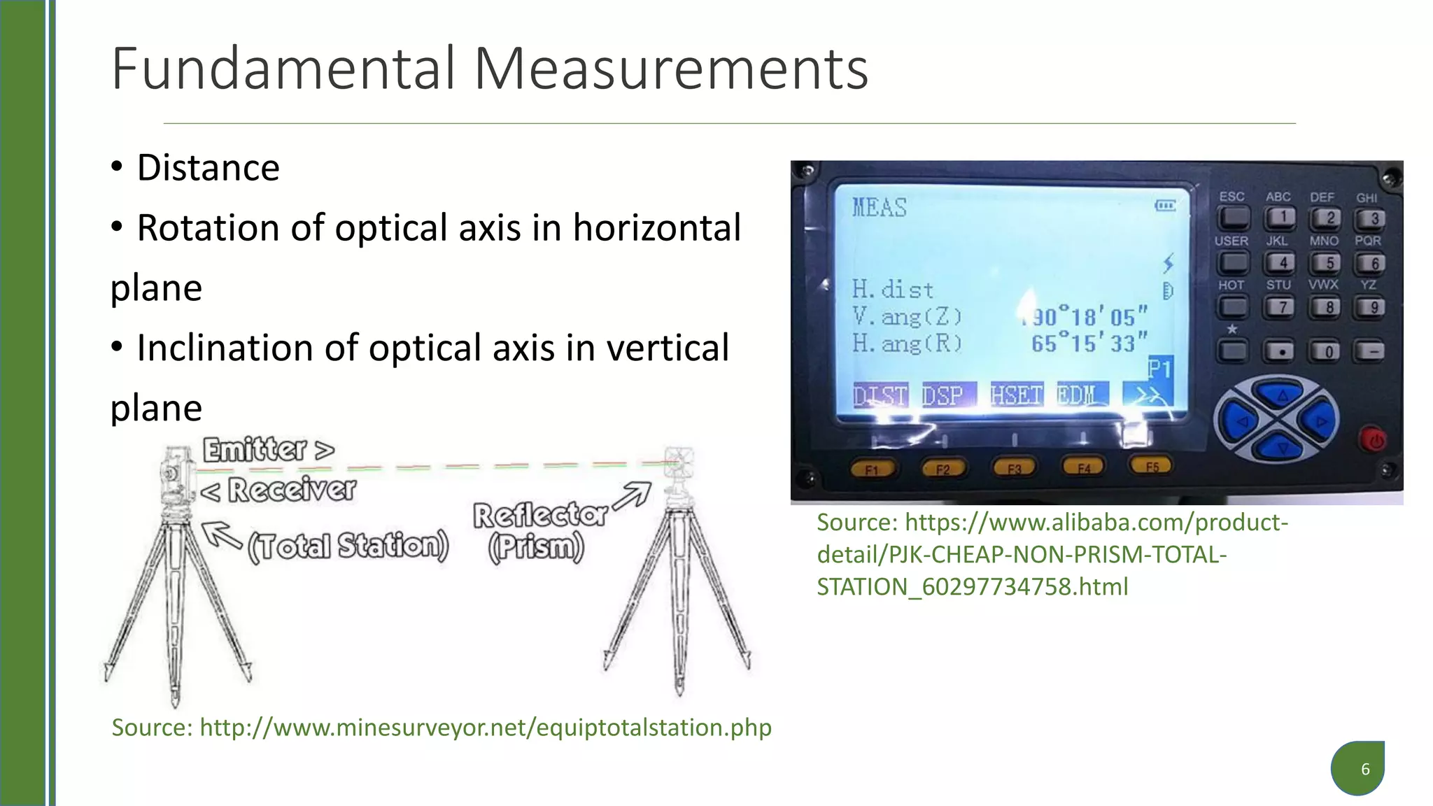 Fundamental Measurements
• Distance
• Rotation of optical axis in horizontal
plane
• Inclination of optical axis in vertical
plane
6
Source: http://www.minesurveyor.net/equiptotalstation.php
Source: https://www.alibaba.com/product-
detail/PJK-CHEAP-NON-PRISM-TOTAL-
STATION_60297734758.html
 