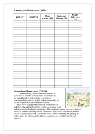 5. Missing Line Measurement (MLM) 
INST. AT 
SIGHT TO 
Slope distance (S) 
Horizontal distance (H) 
Height difference (V) 
6.Co-ordinate Measurement (COORD) By performing coordinate measurements it is possible to find the 3-dimensional coordinates of the target based on station point coordinates, instrument height, target height, and azimuth angles of the backsight which are entered in advance Any desired target coordinates can be determined and stored by setting the station point as an original point and inputting the backsight coordinates. The coordinate values from the reference point can be determined by station coordinates input even if the station point is not set as a reference point. Coordinates input can be omitted by designating the station point No. whenever the station coordinates are stored in the internal memory.  