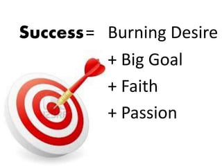 Success= Burning Desire
+ Big Goal
+ Faith
+ Passion
 