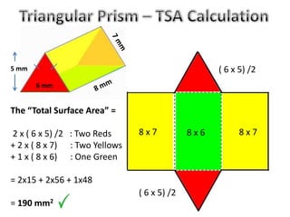 The “Total Surface Area” =
2 x ( 6 x 5) /2 : Two Reds
+ 2 x ( 8 x 7) : Two Yellows
+ 1 x ( 8 x 6) : One Green
= 2x15 + 2x56 + 1x48
= 190 mm2
6 mm
5 mm
8 x 7
( 6 x 5) /2
8 x 6 8 x 7
( 6 x 5) /2
 