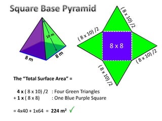 The “Total Surface Area” =
4 x ( 8 x 10) /2 : Four Green Triangles
+ 1 x ( 8 x 8) : One Blue Purple Square
= 4x40 + 1x64 = 224 m2
8 x 8
 