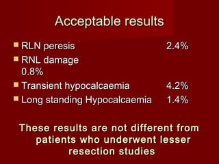 Acceptable results
 RLN peresis                   2.4%
 RNL damage
  0.8%
 Transient hypocalcaemia       4.2%
 Long standing Hypocalcaemia   1.4%

 These results are not different from
    patients who underwent lesser
          resection studies
 